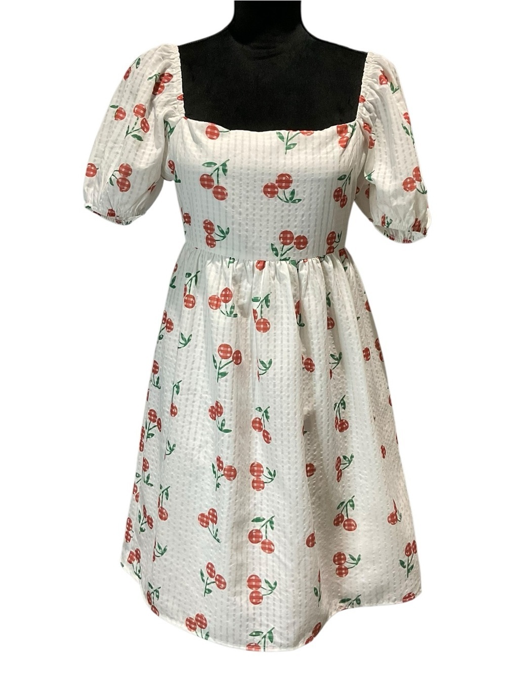 Pink Lily White Cherry-Print Puff Sleeve Mini Dress